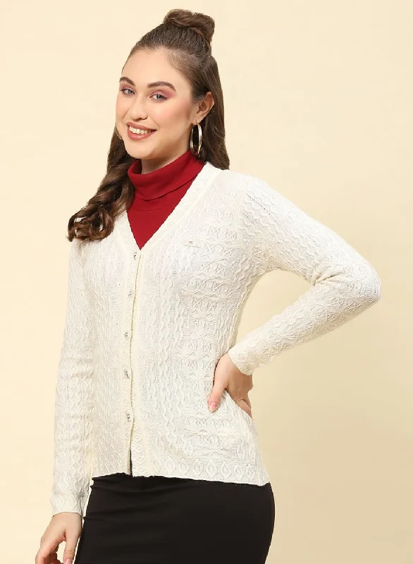 Women Cream Self Design Blend wool Cardigan