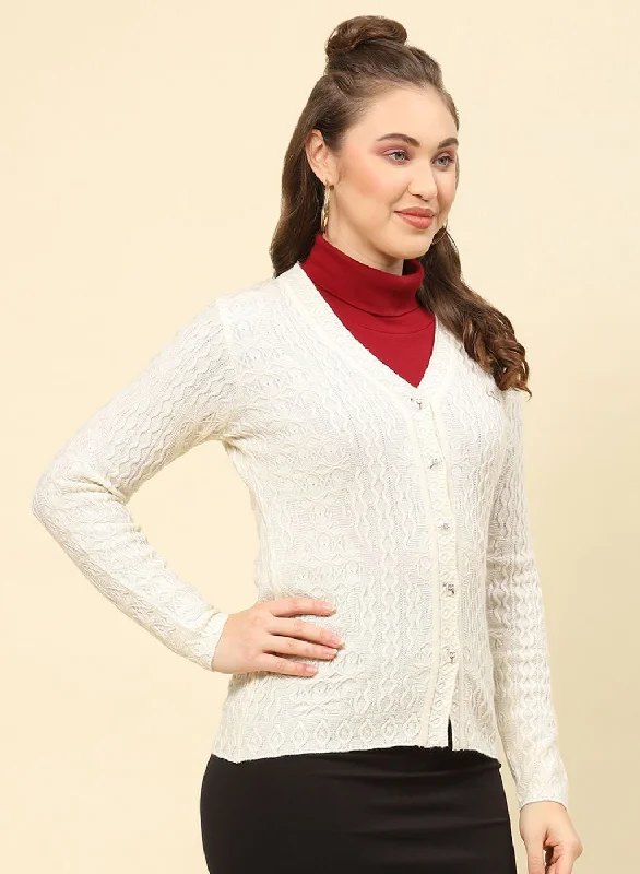 Women Cream Self Design Blend wool Cardigan