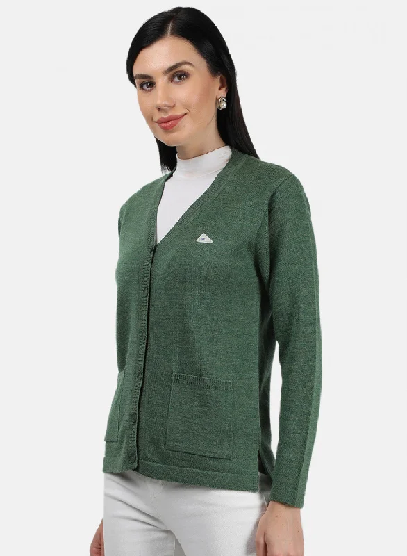 Women Green Melange Solid Cardigan