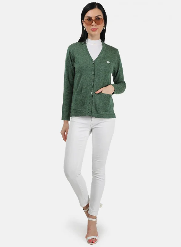 Women Green Melange Solid Cardigan