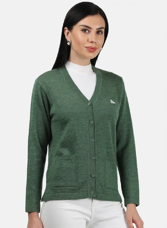 Women Green Melange Solid Cardigan