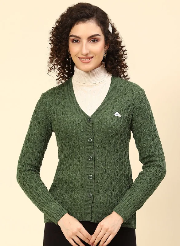 Women Green Self Design Wool blend Cardigan