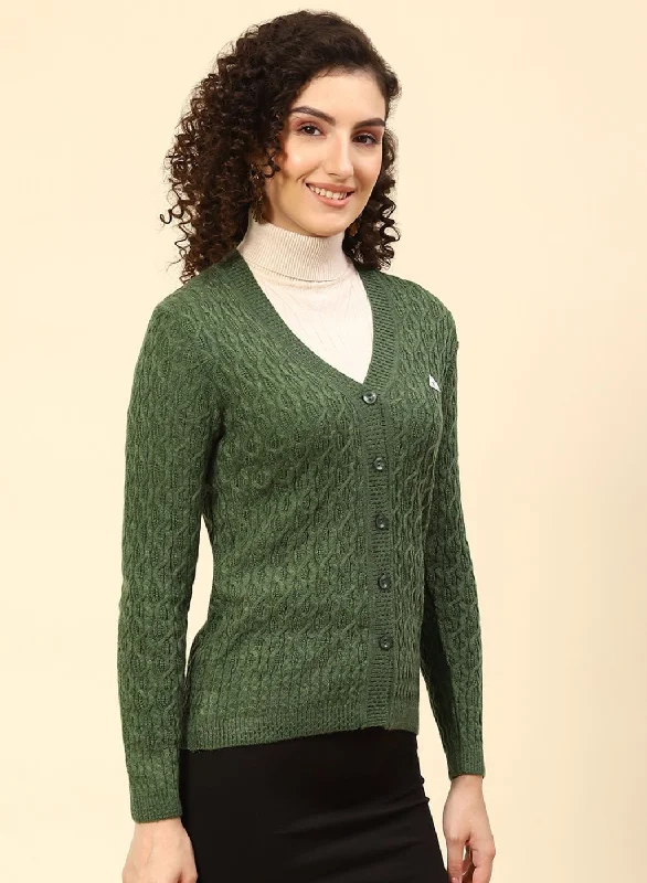 Women Green Self Design Wool blend Cardigan