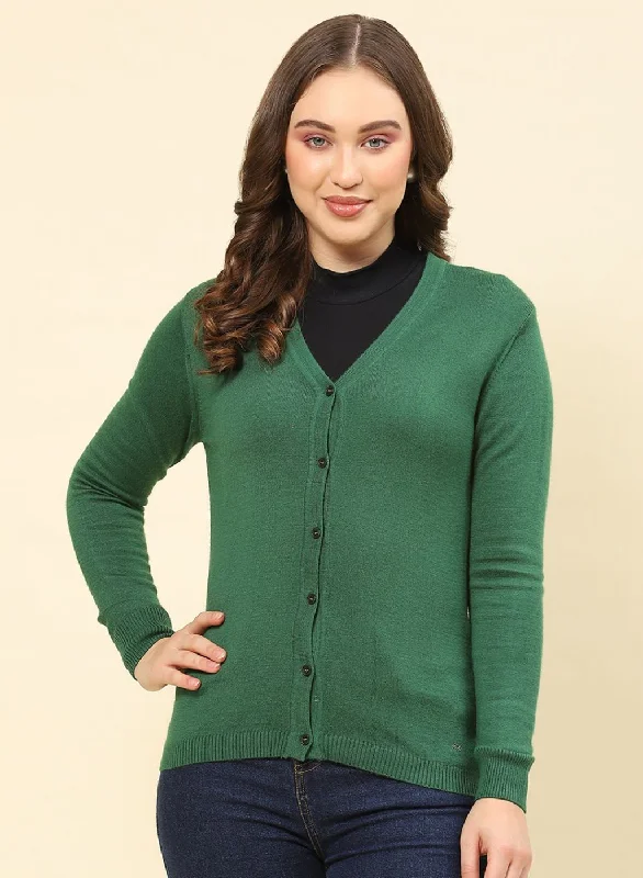 Women Green Solid Modal Nylone Cardigan