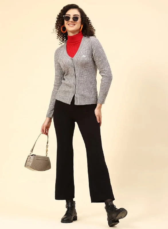 Women Grey Self Design Wool blend Cardigan