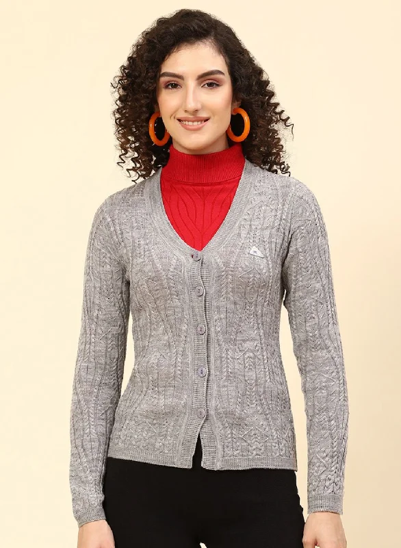 Women Grey Self Design Wool blend Cardigan