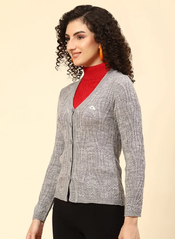 Women Grey Self Design Wool blend Cardigan