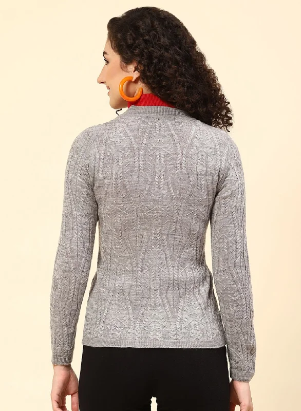 Women Grey Self Design Wool blend Cardigan