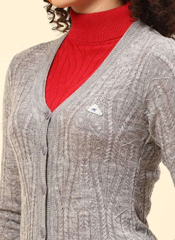 Women Grey Self Design Wool blend Cardigan