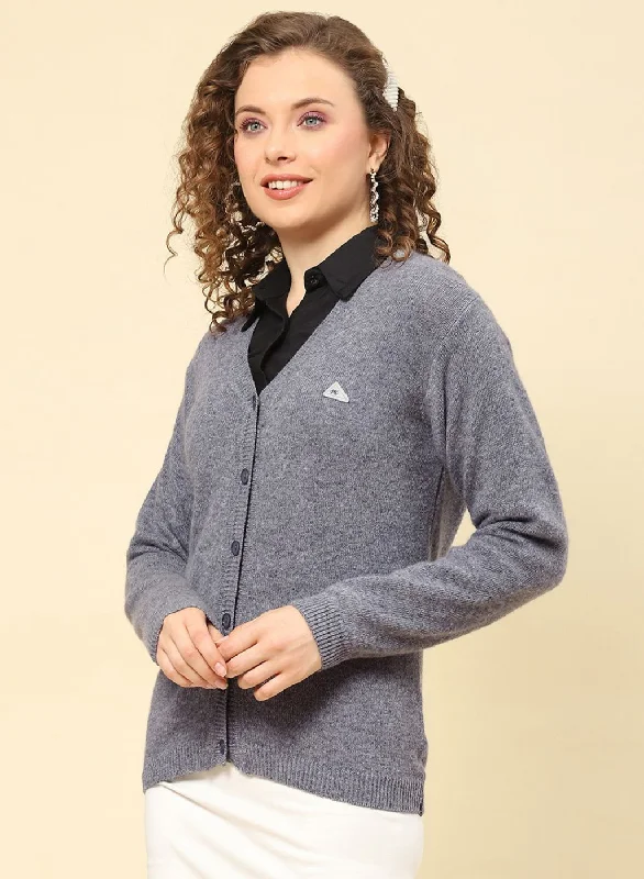 Women Grey Solid Lamb wool Cardigan