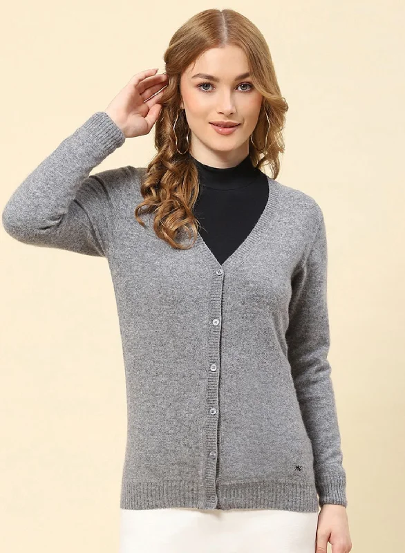 Women Grey Solid Lamb wool Cardigan