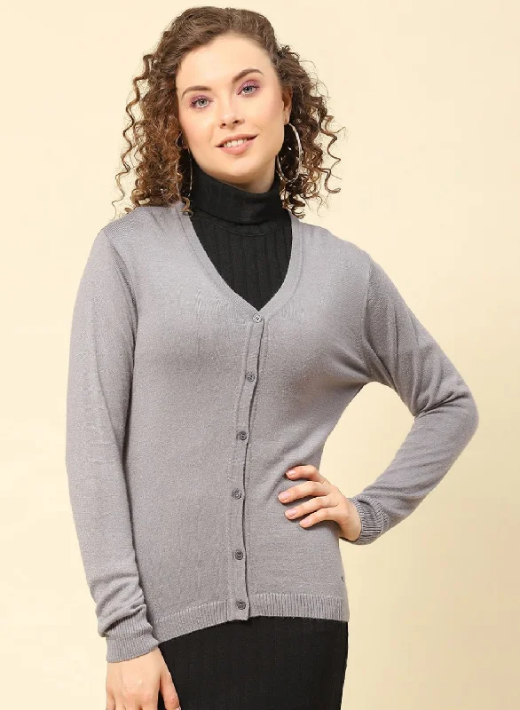 Women Grey Solid Modal Nylone Cardigan