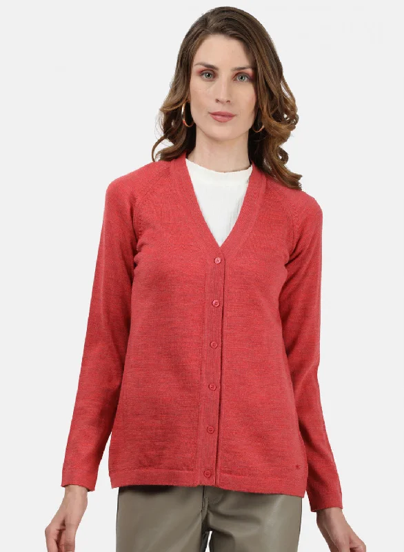 Women Light Red Solid Cardigan