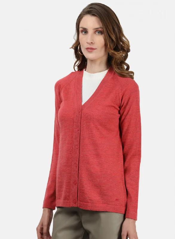 Women Light Red Solid Cardigan