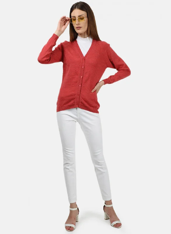 Women Light Red Solid Cardigan