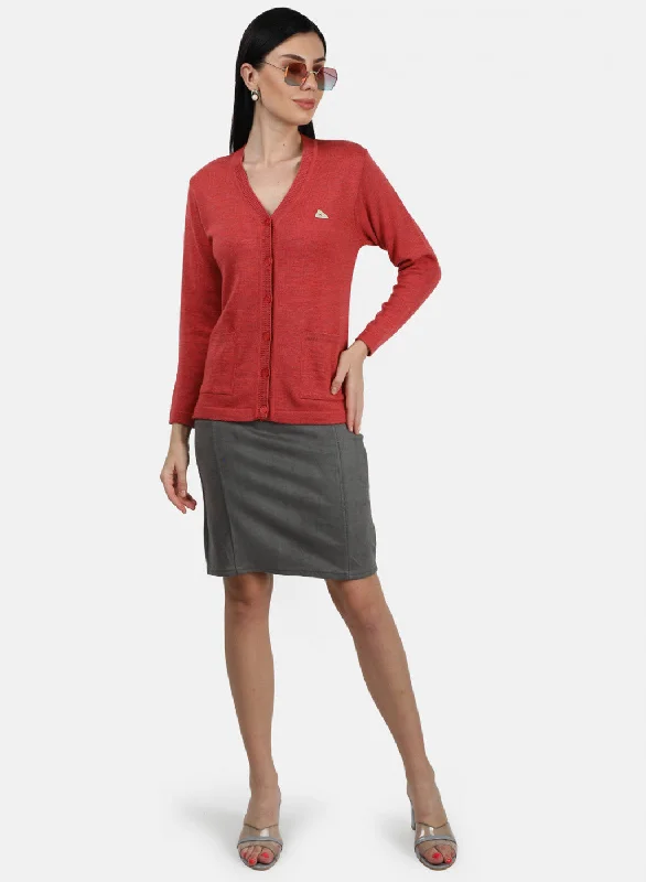 Women Light Red Solid Cardigan