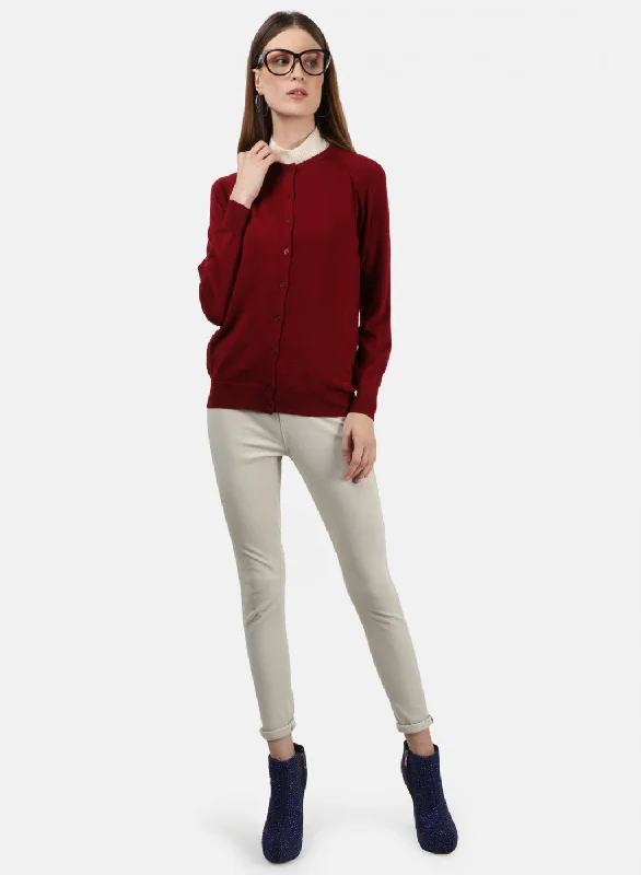 Women Maroon Solid Cardigan