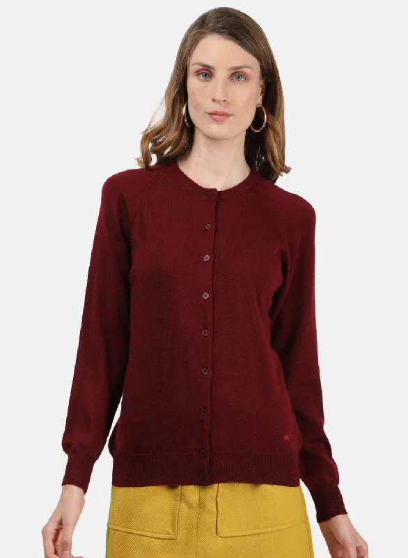 Women Maroon Solid Cardigan