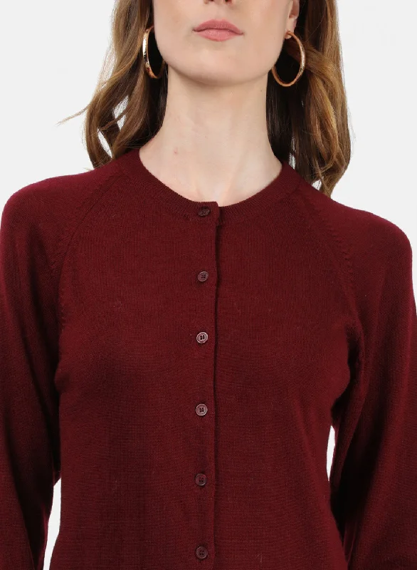 Women Maroon Solid Cardigan