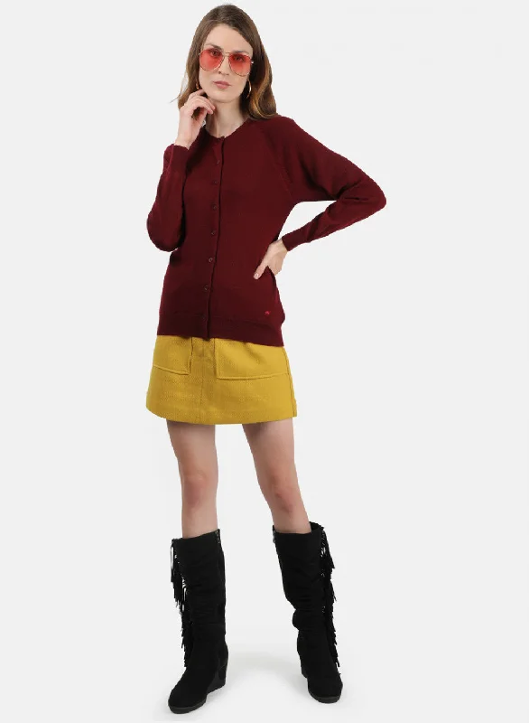 Women Maroon Solid Cardigan