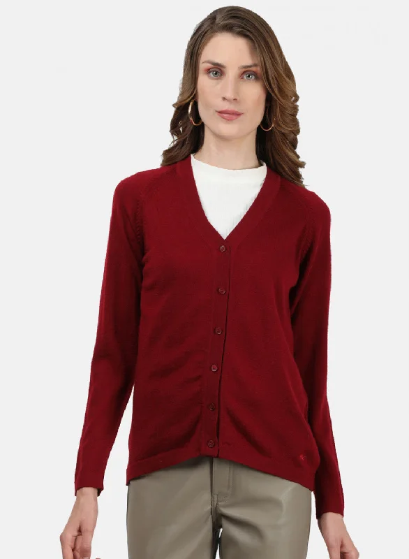 Women Maroon Solid Cardigan