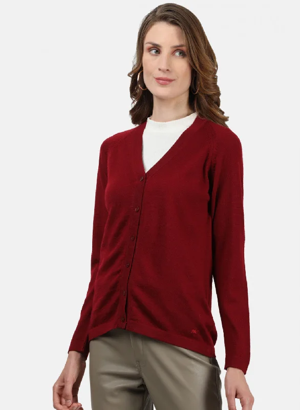 Women Maroon Solid Cardigan