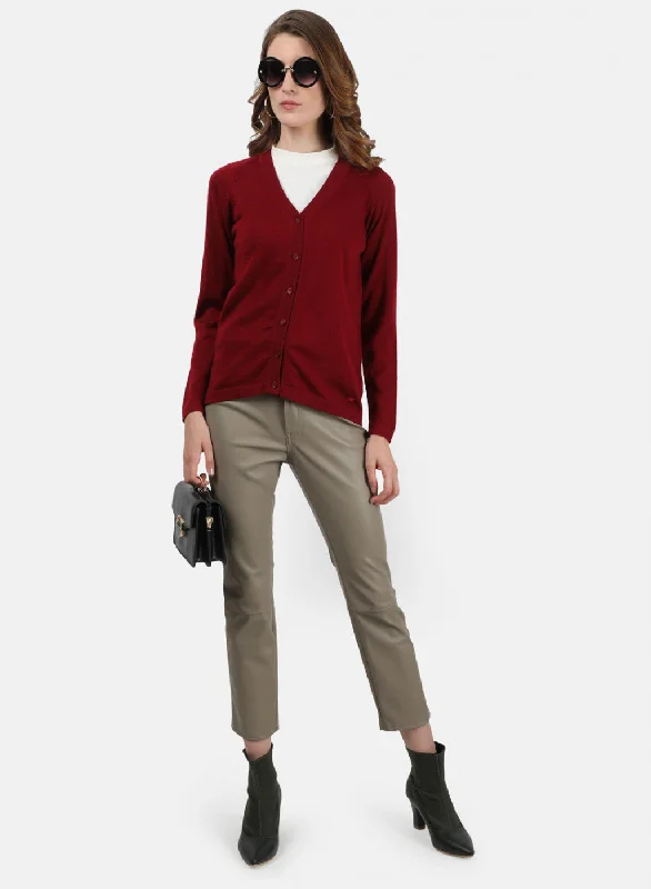 Women Maroon Solid Cardigan