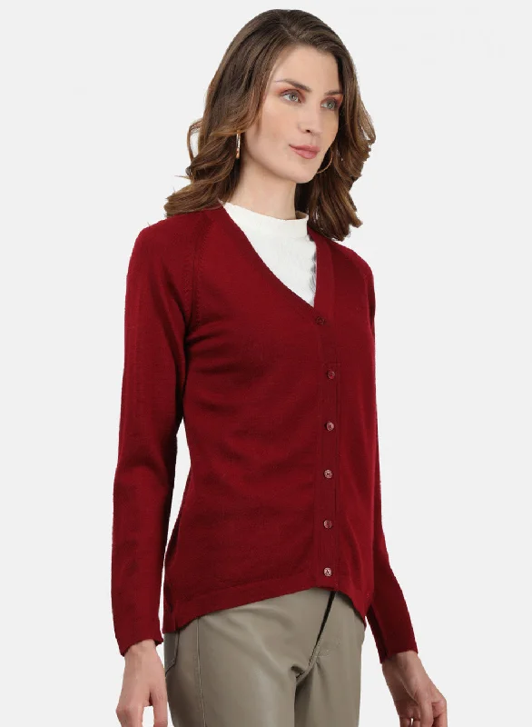 Women Maroon Solid Cardigan