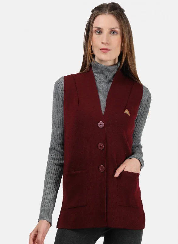 Women Maroon Solid Cardigan