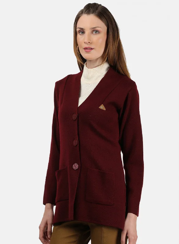 Women Maroon Solid Cardigan