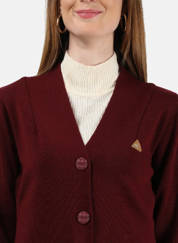 Women Maroon Solid Cardigan