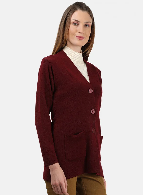 Women Maroon Solid Cardigan