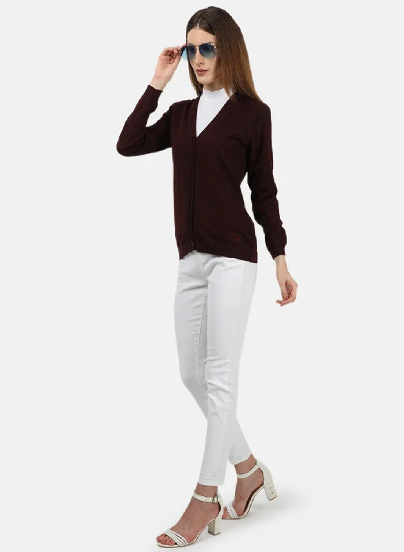 Women Maroon Solid Cardigan