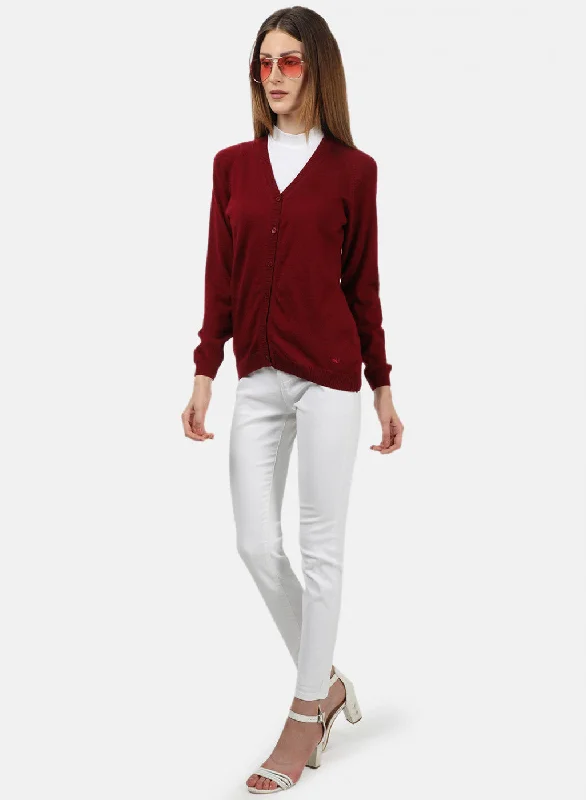 Women Maroon Solid Cardigan