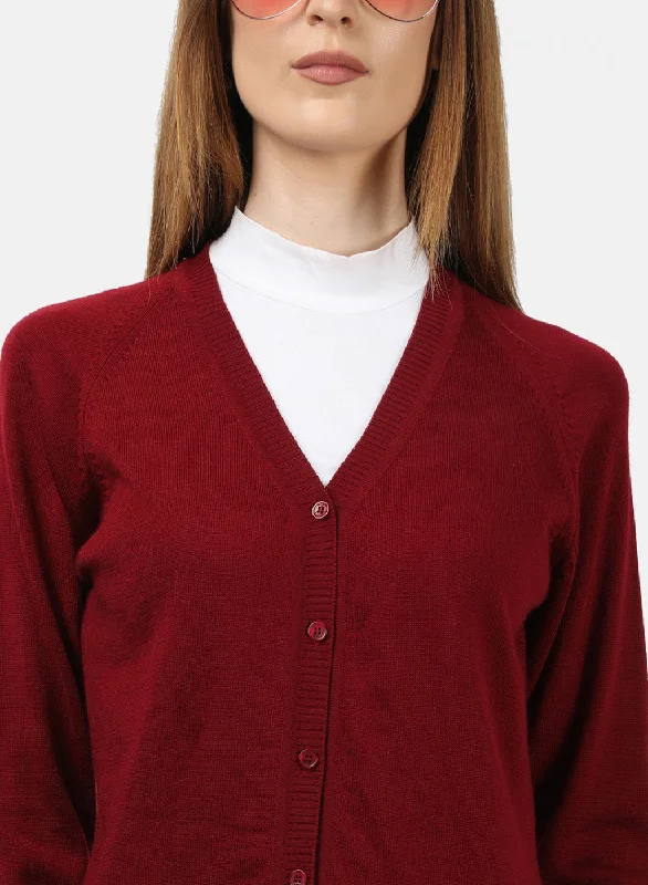 Women Maroon Solid Cardigan