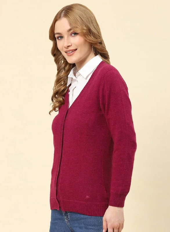 Women Maroon Solid Lamb wool Cardigan