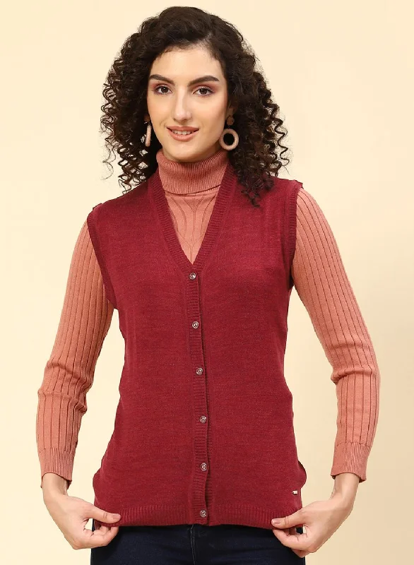 Women Maroon Solid Wool blend Cardigan