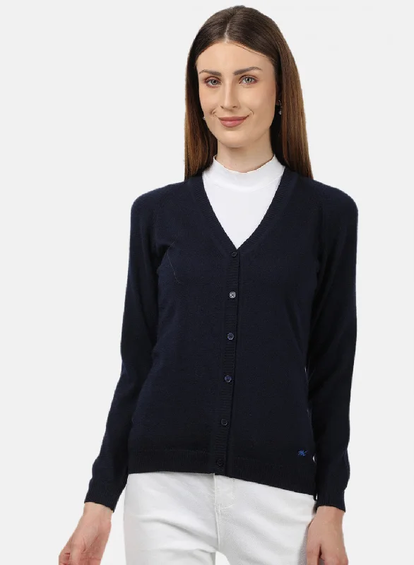 Women Navy Blue Solid Cardigan