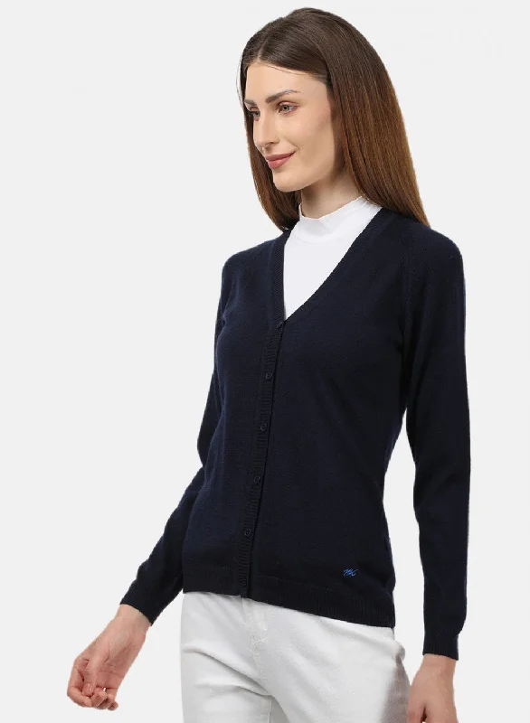 Women Navy Blue Solid Cardigan