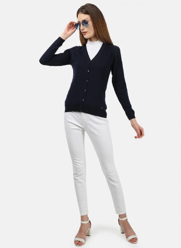 Women Navy Blue Solid Cardigan