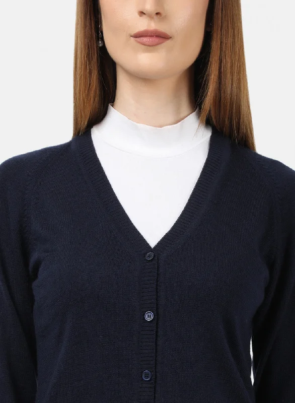 Women Navy Blue Solid Cardigan