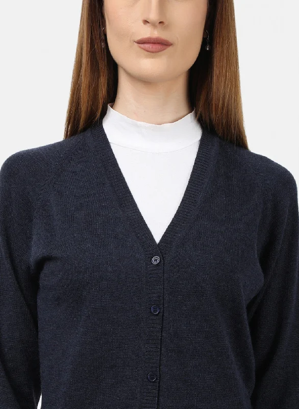 Women Navy Blue Solid Cardigan