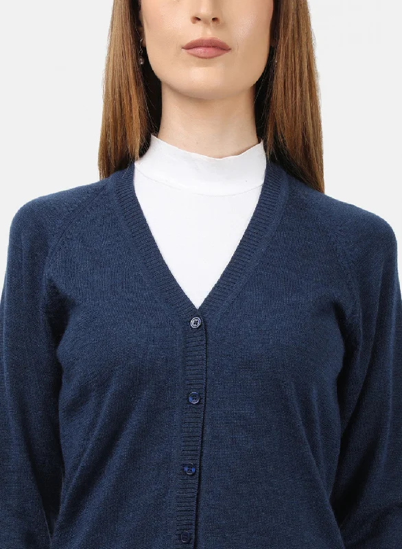 Women Navy Blue Solid Cardigan