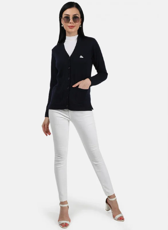 Women Navy Blue Solid Cardigan