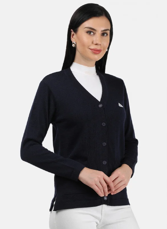 Women Navy Blue Solid Cardigan