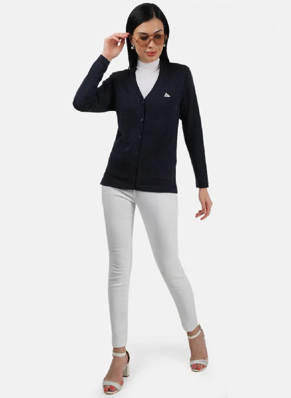 Women Navy Blue Solid Cardigan