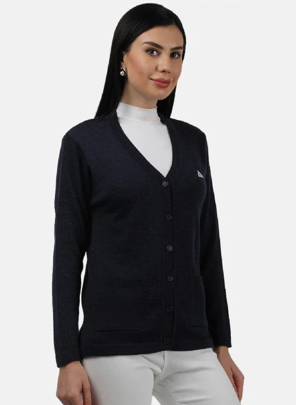 Women Navy Blue Solid Cardigan