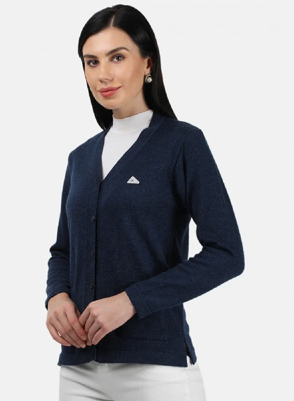 Women Navy Blue Solid Cardigan