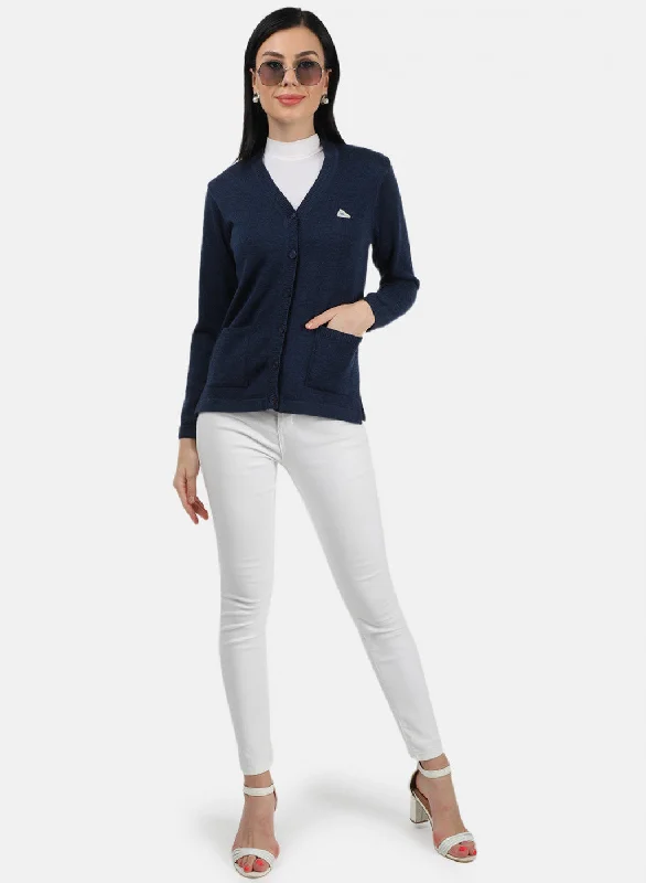 Women Navy Blue Solid Cardigan