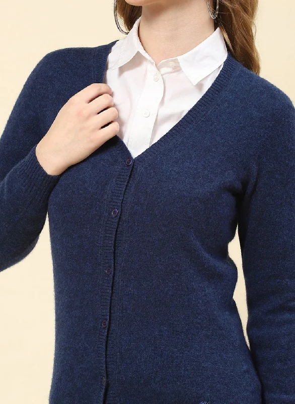 Women NAvy Blue Solid Lamb wool Cardigan